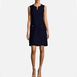 KARL LAGERFELD Paris Women's Tweed Fringe Shift Dress With Pockets NAVY Size 14